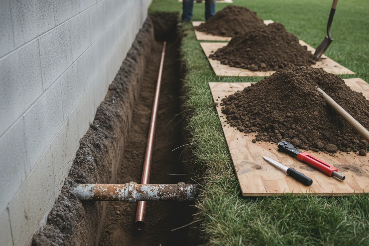 Excavated water line trench during Sewer Line Repair in Alameda